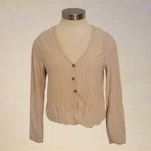 2000s Minimalist Gaze Cropped Button-Down Blouse Baby Peach V-Neck M Lettuce Hem